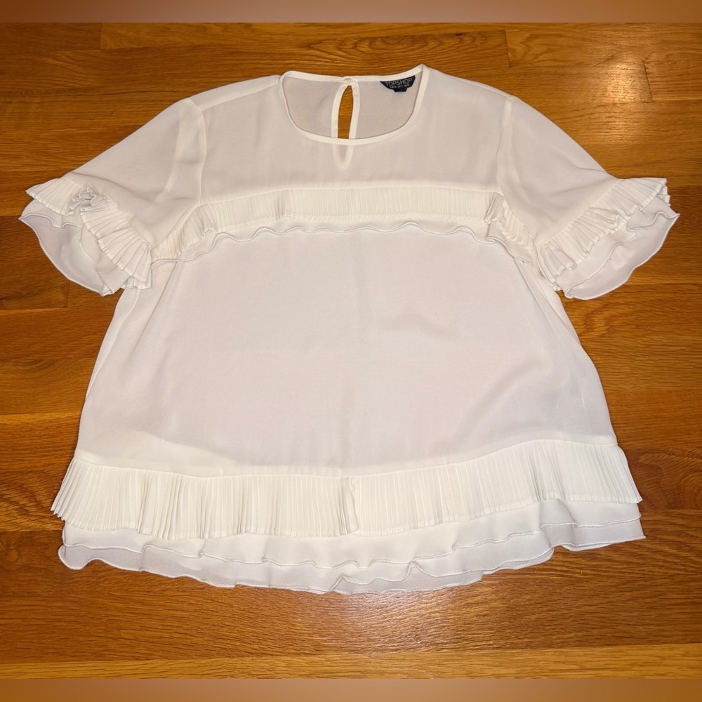 Topshop White Sheer Ruffle Blouse | Pleated Trim | Flutter Sleeve | US 8
